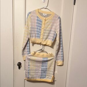 MARBLE Kids Plaid Cardigan and Skirt Set - Yellow, Blue, Pink
